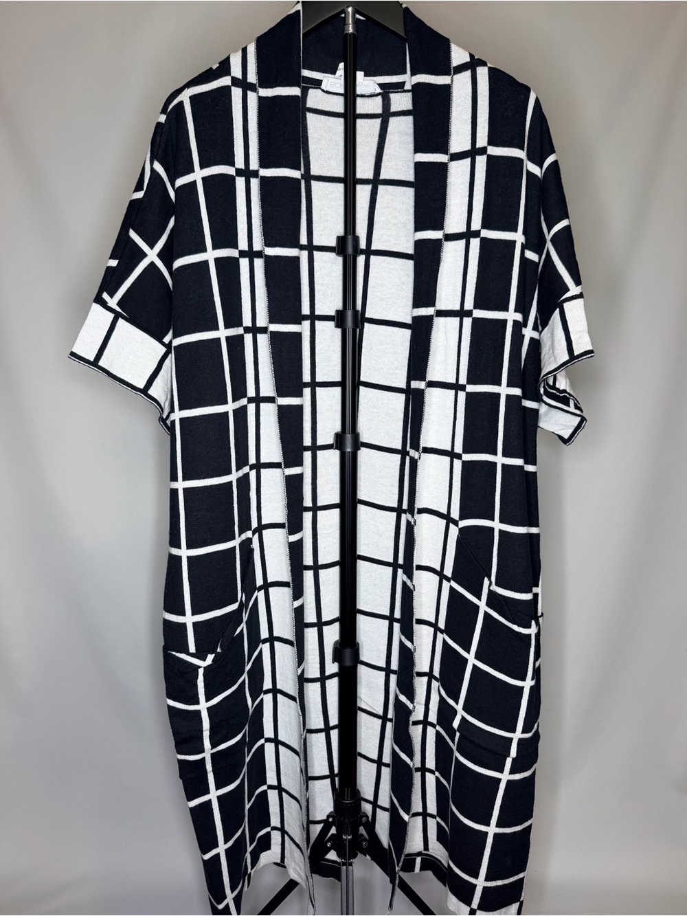BCBGeneration Black and White Grid Knit Open Cardigan